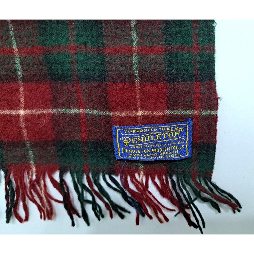 Vintage Pendleton Tartan Plaid Wool Scarf Fringe Red Green